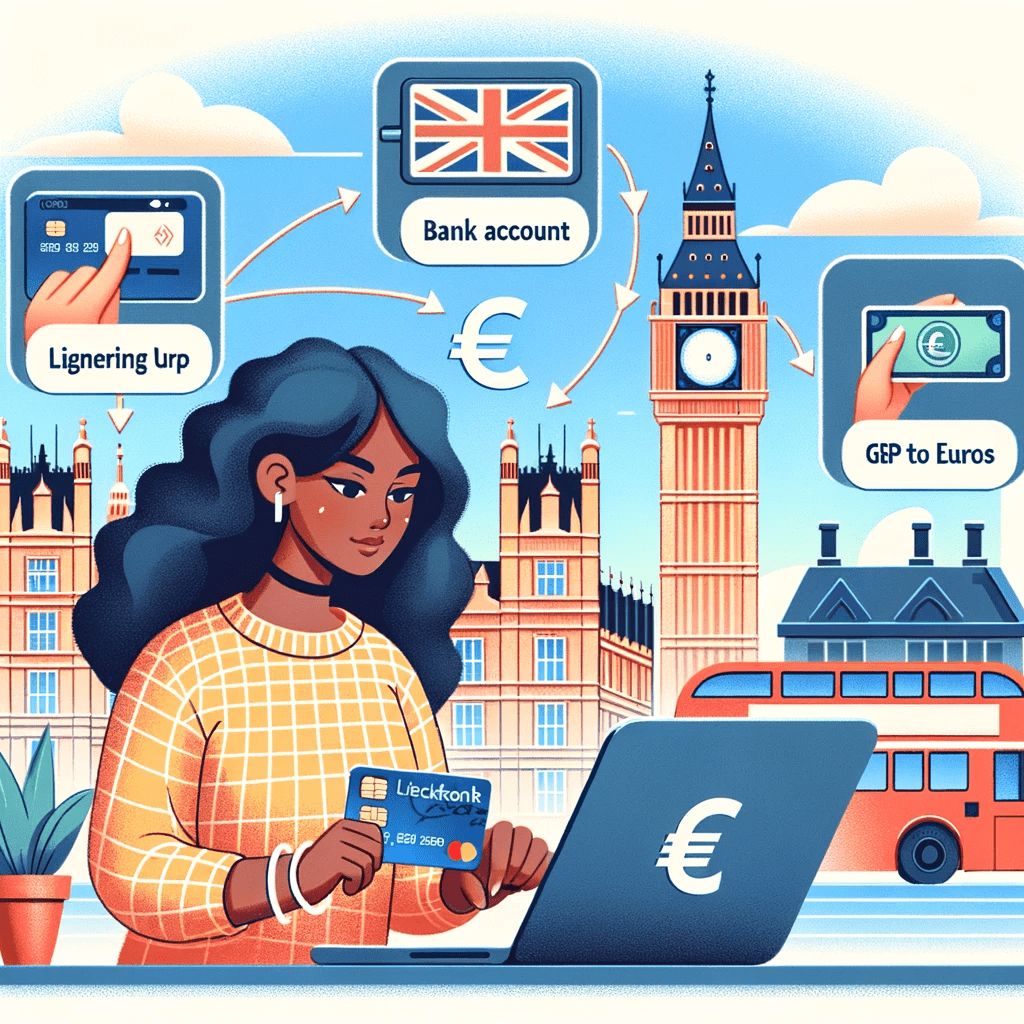 DALL·E 2023-10-29 21.07.41 - Illustration of a UK-themed background with iconic landmarks like the Big Ben and a double-decker bus. In the foreground, a diverse woman is seen usin