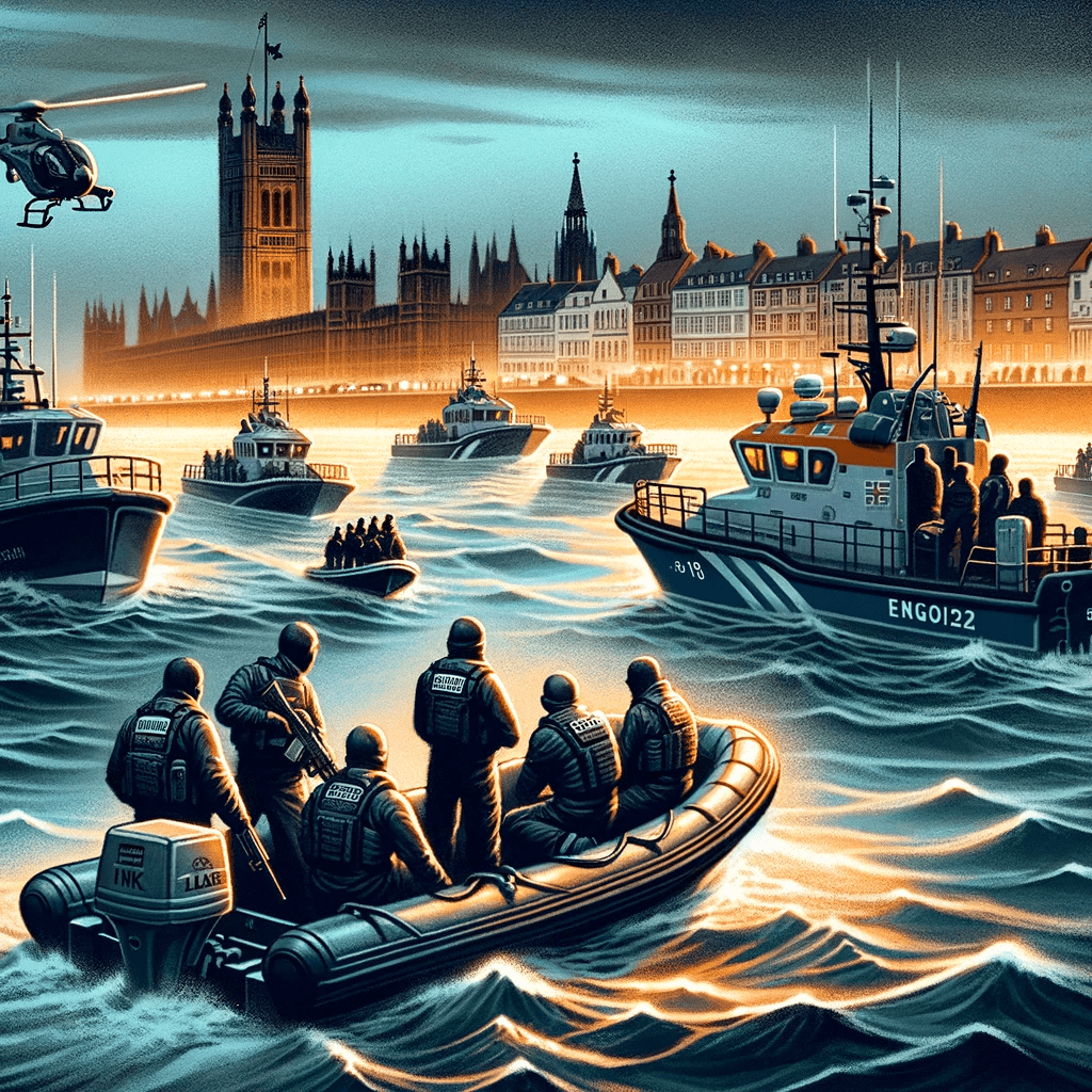 DALL·E 2023-11-19 11.09.29 - A dramatic illustration for the headline 'UK on High Alert_ Hunt for Six Terror Suspects Crossing the English Channel.' The image shows a tense scene