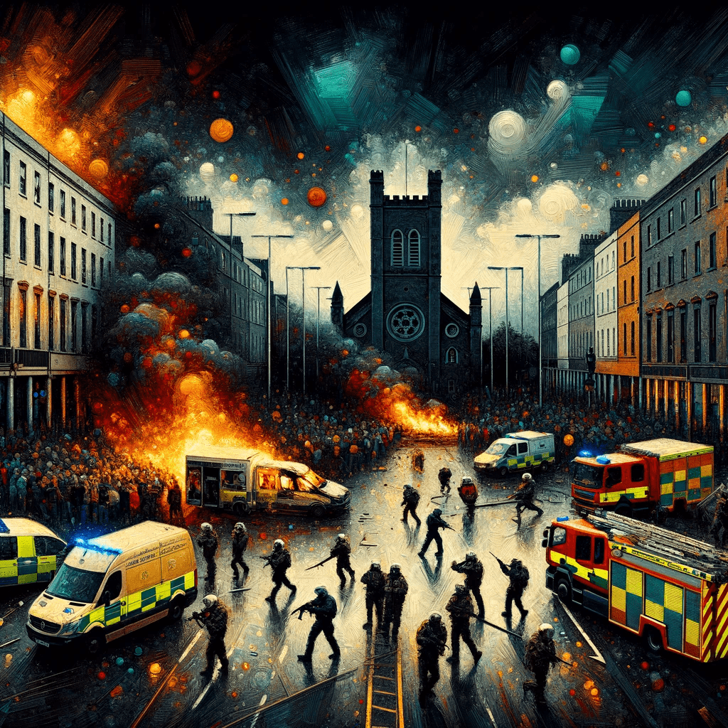 DALL·E 2023-11-24 23.50.08 - An abstract representation of the Dublin riots following a stabbing attack outside a school. The image depicts a chaotic urban scene with emergency se